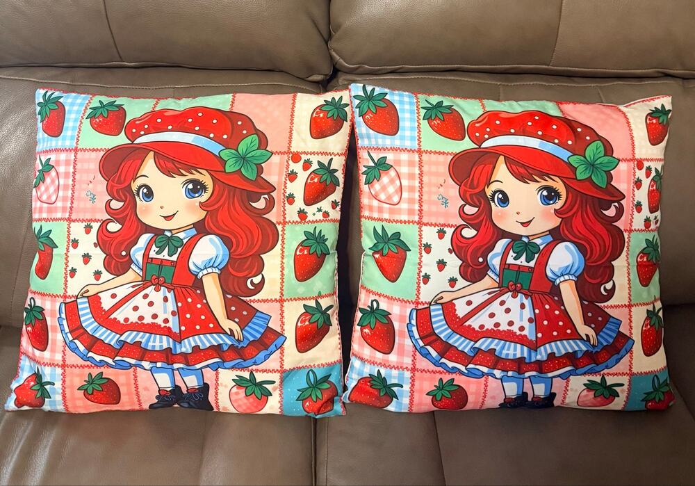 Two Strawberry Shortcake Pillows & Tote Bag.Pillows Have Checkered Background
